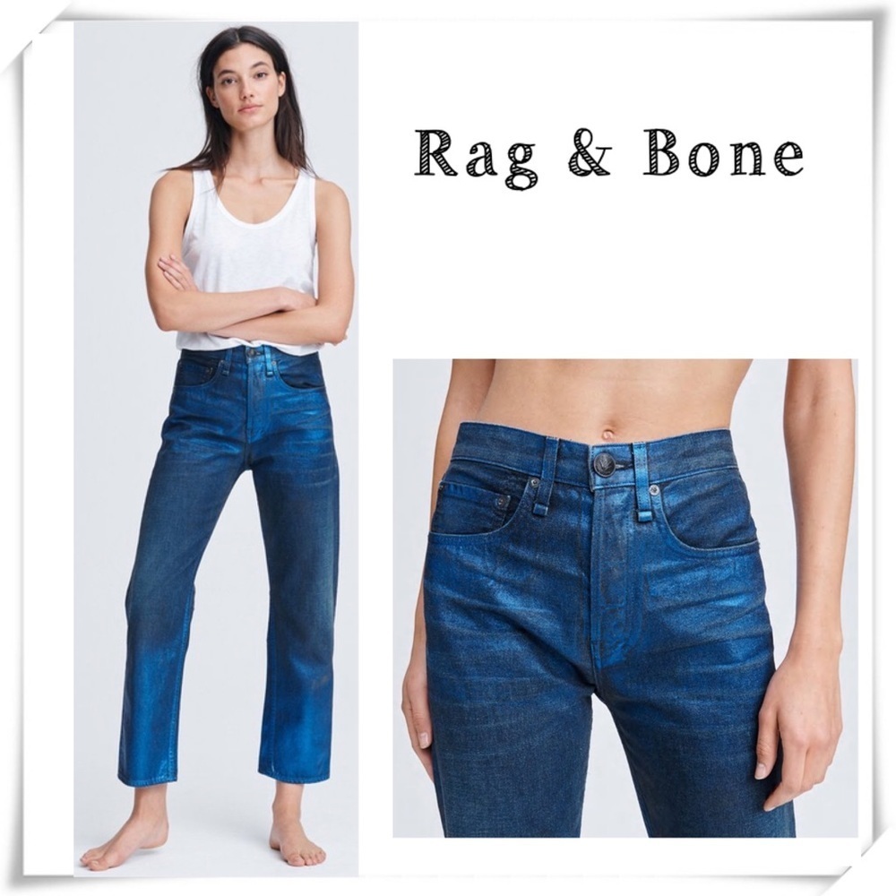 Rag & Bone Maya High Rise Ankle Straight Jeans Lapis Glitter Metallic Blue Sz 29